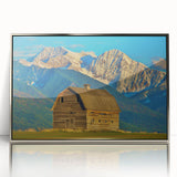 Mid-century modernist art depicting Montana scenery in muted earth tones on a silver-framed acrylic print.