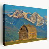 Large art depicting a serene Montana landscape in muted green and blue tones on stretched canvas, ideal for kitchen wall art.