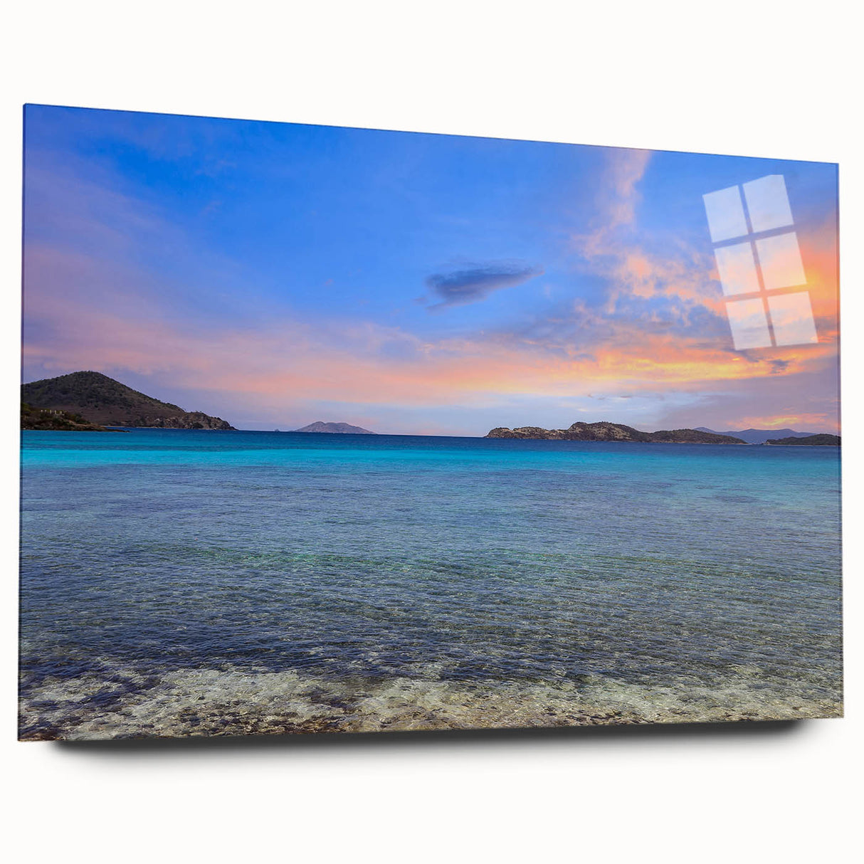 Acrylic print of abstract Charlotte skyline in muted blue and gray tones, suitable for bedroom or dining room art.
