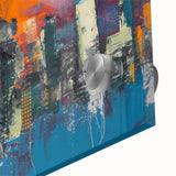 Large abstract depiction of Manhattan skyline in muted grays and blues on acrylic glass, suitable for dining room art.