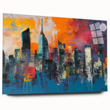 Acrylic print of a large abstract Manhattan skyline in muted grays and blues, ideal for bedroom or dining room art.