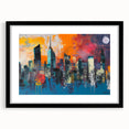 Abstract art print of Manhattan skyline in vibrant colors on a large textured canvas, ideal for living room decor.
