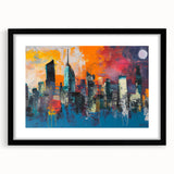 Abstract art print of Manhattan skyline in vibrant colors on a large textured canvas, ideal for living room decor.