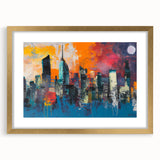 Extra large abstract art print of Manhattan skyline in textured gold frame, ideal for living room decor.