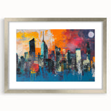 Textured art print of abstract Manhattan skyline in muted gray and blue tones, framed with a silver mat.