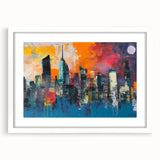 Abstract art print of Manhattan skyline in muted gray and blue tones on a framed white mat, suited for dining room decor.