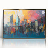 Acrylic print of Manhattan skyline in gold and black tones, framed, in mid-century modernist style.