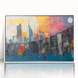Art deco poster of Manhattan skyline in muted gray tones on framed acrylic, ideal for modern art wall decor.
