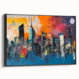 Black and white vintage poster art of Manhattan skyline on framed canvas, suitable for bedroom wall decor.