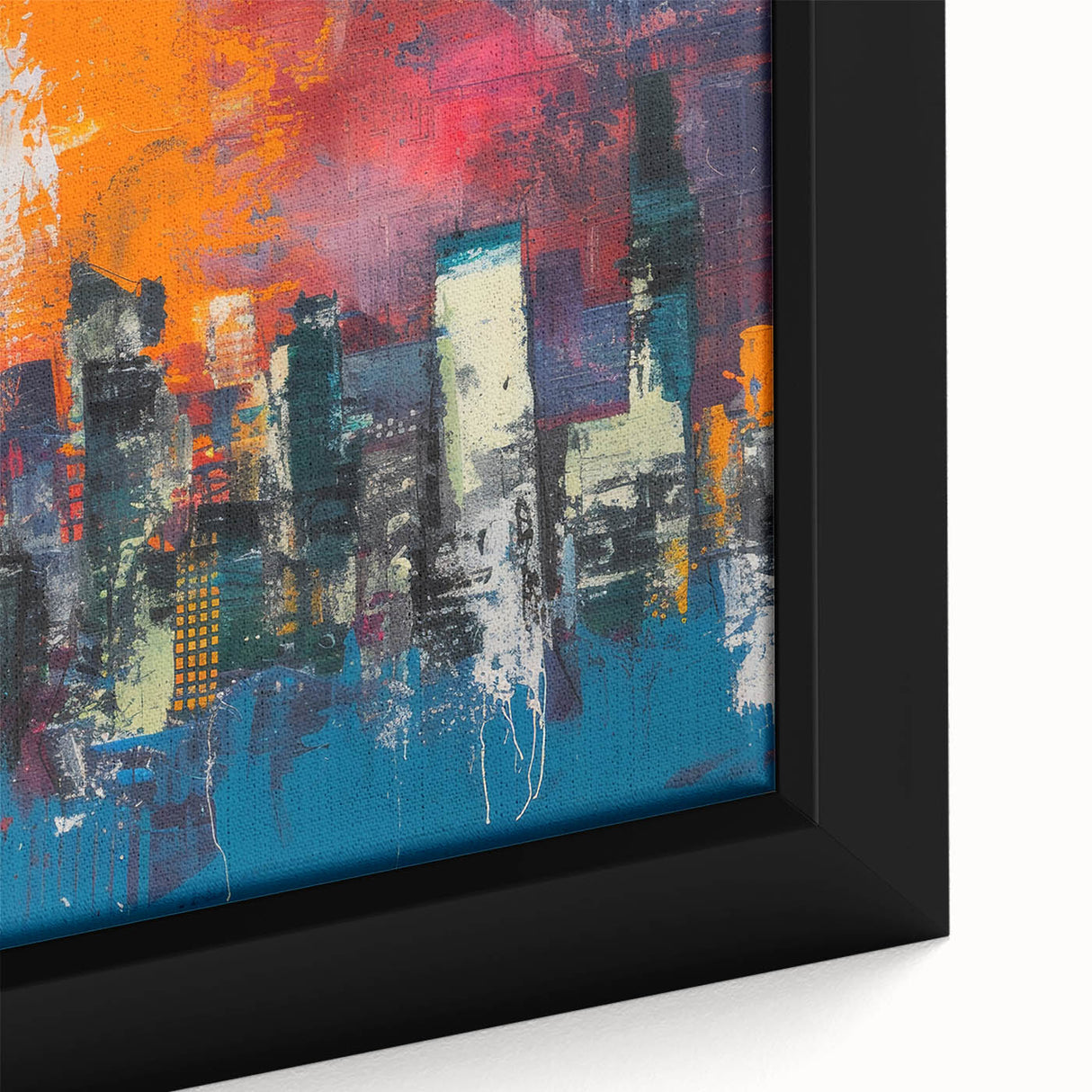 Extra large black wall art featuring a textured Manhattan skyline in colorful hues, ideal for living room decor.