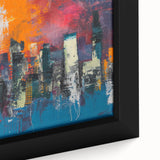 Extra large black wall art featuring a textured Manhattan skyline in colorful hues, ideal for living room decor.