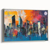 Framed canvas of a colorful Manhattan skyline, vintage poster style, ideal for modern living room decor.