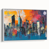Vintage poster art depicting a colorful Manhattan skyline on extra large framed canvas, ideal for living room decor.