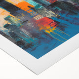 Art deco poster of Manhattan skyline in muted gray and blue tones on rolled canvas, ideal for dining room wall art.