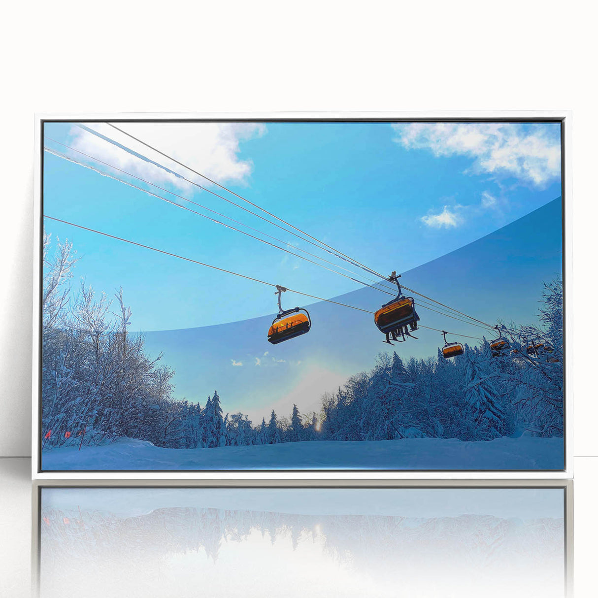 Acrylic print of a Vermont landscape in art deco style, featuring muted green and white tones.