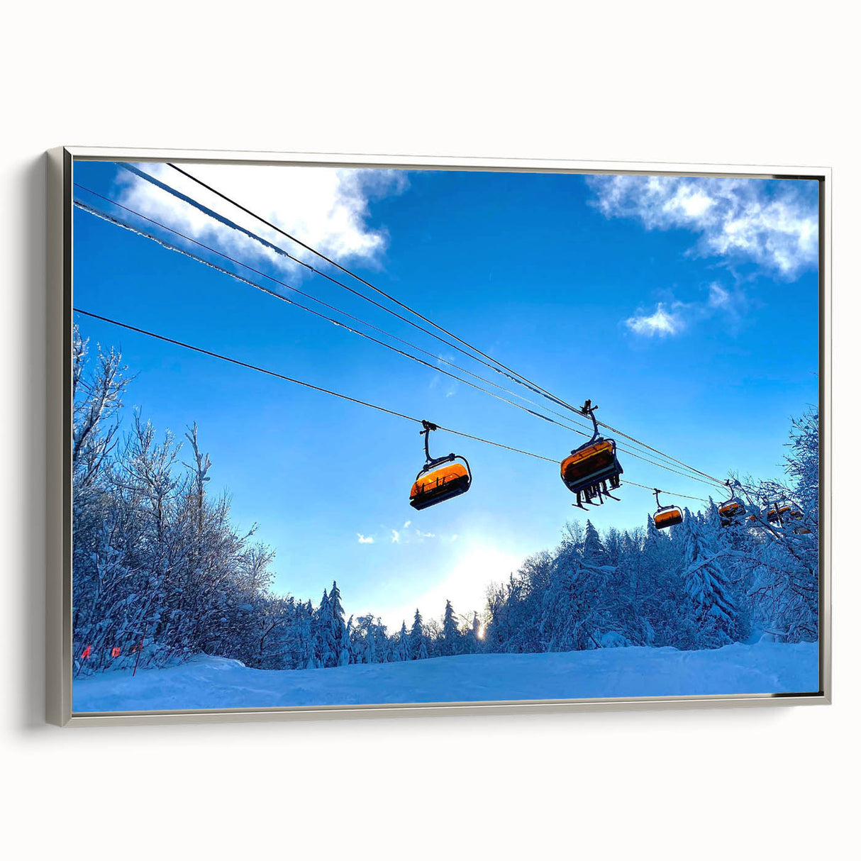 Framed canvas of a Vermont landscape in muted greens and blues, ideal for enhancing a living room ambiance.