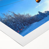 Art deco poster of Vermont scenery in muted green and blue tones on rolled canvas, suitable for dining room wall art.