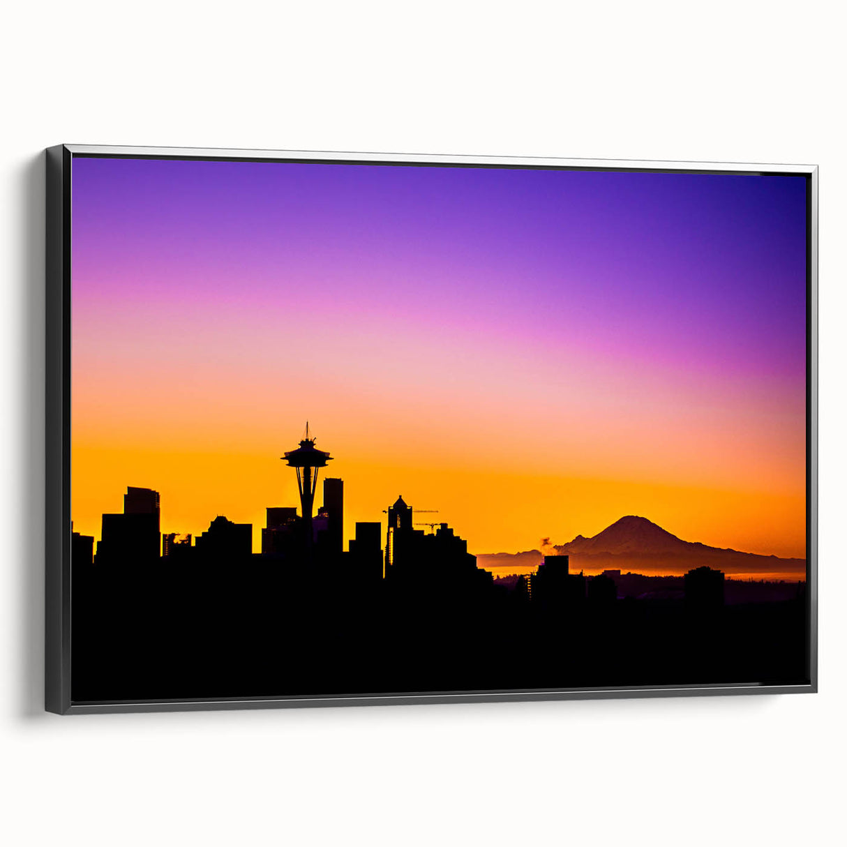 Black and white framed canvas of Seattle landscape in vintage poster style, ideal for bedroom decor.