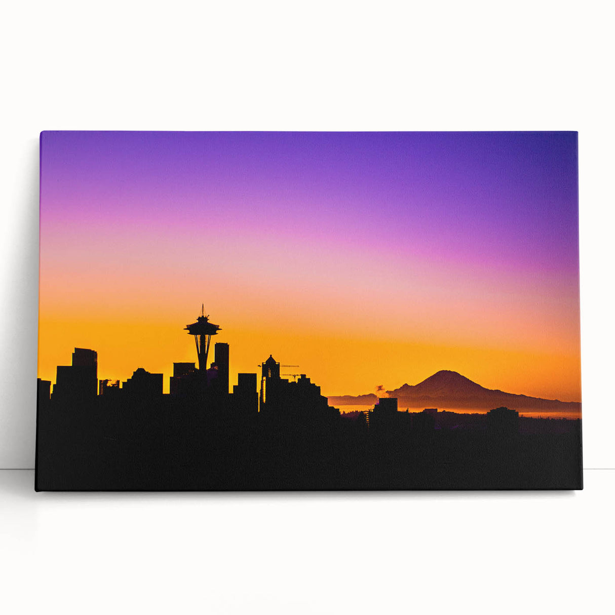 Black and white large art print of Seattle skyline on stretched canvas, ideal for kitchen wall art or bedroom decor.