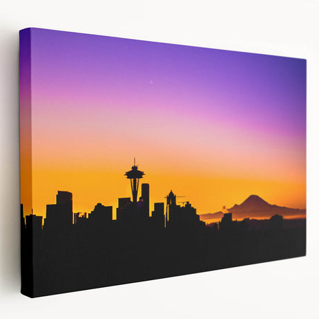 Large art depicting the Seattle skyline in muted gray tones on stretched canvas, ideal for kitchen wall decor.
