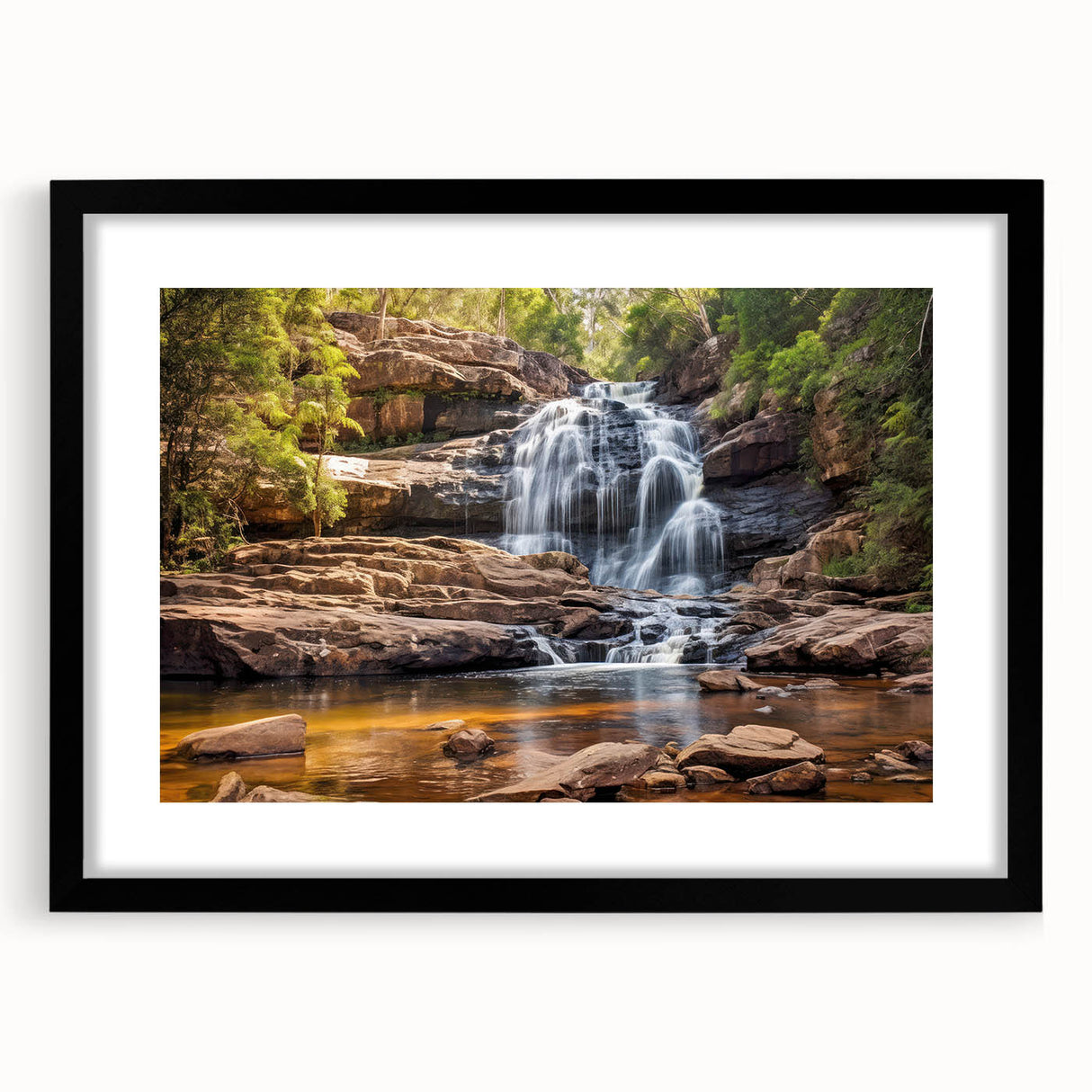 Extra large abstract art print of vibrant, colorful textured scenery on a black framed canvas, ideal for living room decor.