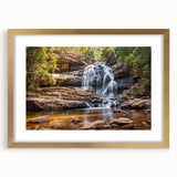 Extra large abstract art print of a textured West Virginia scenery in muted earth tones, framed in gold.