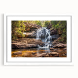 Abstract art print of West Virginia scenery in muted green and blue tones on a framed white mat, ideal for dining room decor.