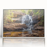 Art Deco style poster of West Virginia scenery, featuring muted earth tones on a white framed acrylic.