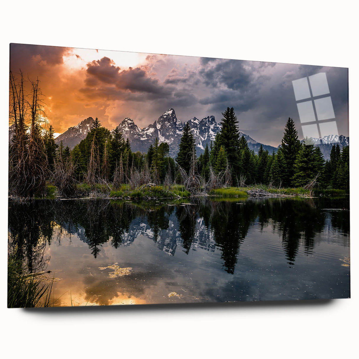 Acrylic print of Grand Tetons scenery in muted earth tones, ideal for bedroom or dining room art.