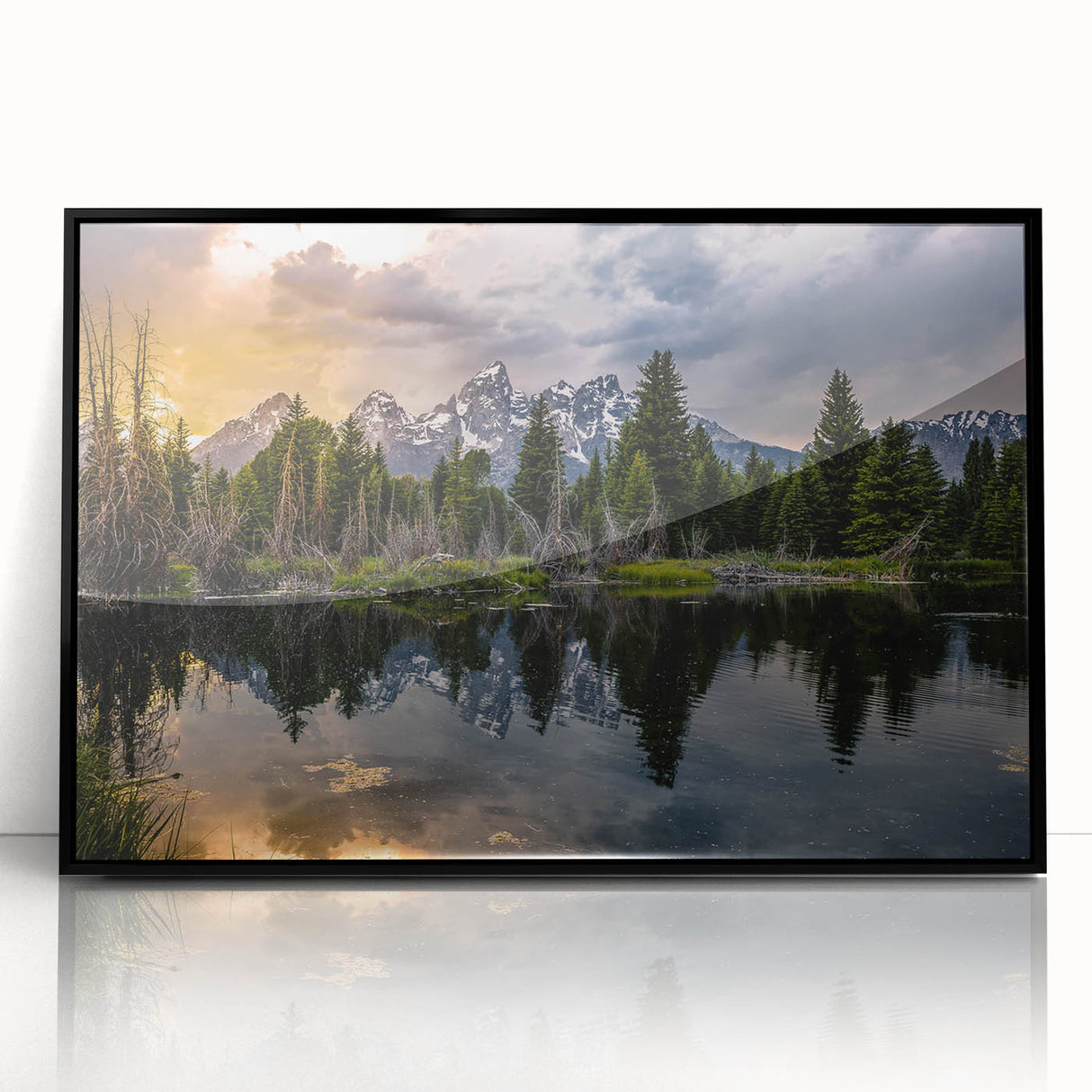 Large abstract wall art depicting the Grand Tetons, in muted earth tones on a framed acrylic.