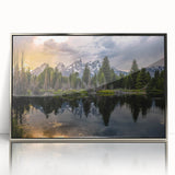 Mid-century modernist art of Wyoming's Grand Tetons in muted earth tones on a silver-framed acrylic.