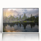 Acrylic print of the Grand Tetons in Wyoming with a white frame, featuring muted earth tones.