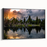 Black and white framed canvas of the Grand Tetons landscape in vintage poster style, ideal for bedroom decor.