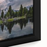 Extra large framed canvas of the Grand Tetons with textured black and colorful art, ideal for living room decor.