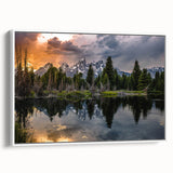 Vintage poster art depicting the Grand Tetons in vibrant, colorful detail on a large framed canvas.