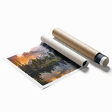 Rolled print of Grand Tetons scenery, featuring muted earth tones and floral elements.