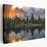 Scenic view of the Grand Tetons in Wyoming on a large stretched canvas, using natural and green tones.