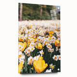 Large abstract wall art depicting spring season in pastel shades on acrylic glass, suited for bedroom or dining room decor.