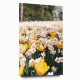 Large abstract wall art in vibrant spring hues on acrylic glass, ideal for bedroom or dining room decor.