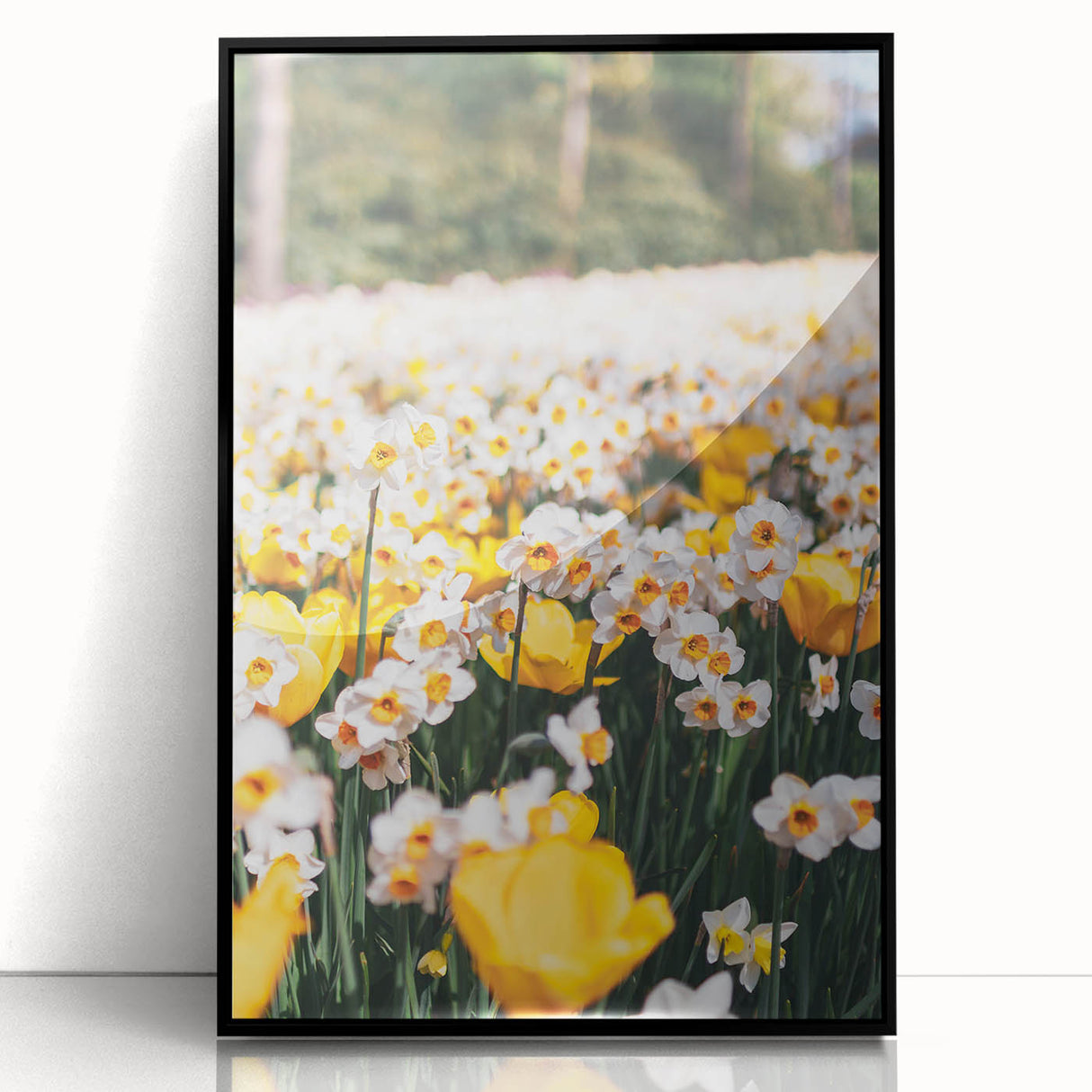 Large abstract wall art featuring spring themes in vibrant green and yellow tones on a black framed acrylic print.