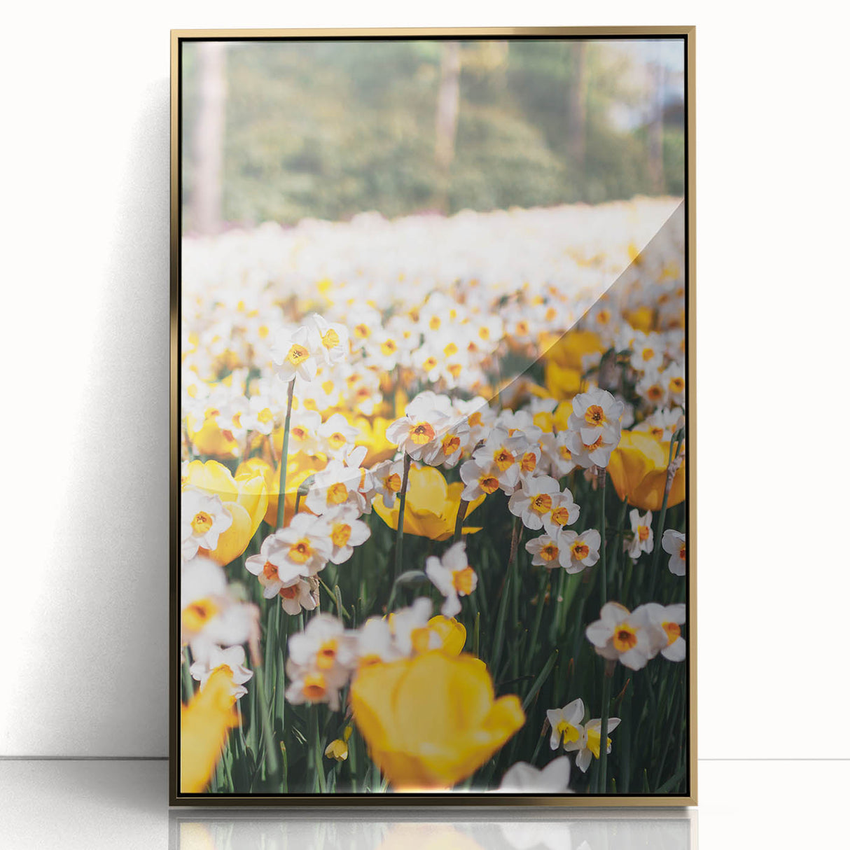 Large art print of a mid-century modernist spring scene with pastel colors on framed acrylic, ideal for nursery wall art.