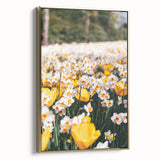Framed canvas depicting a spring landscape with green and gold tones, ideal for bedroom wall art.
