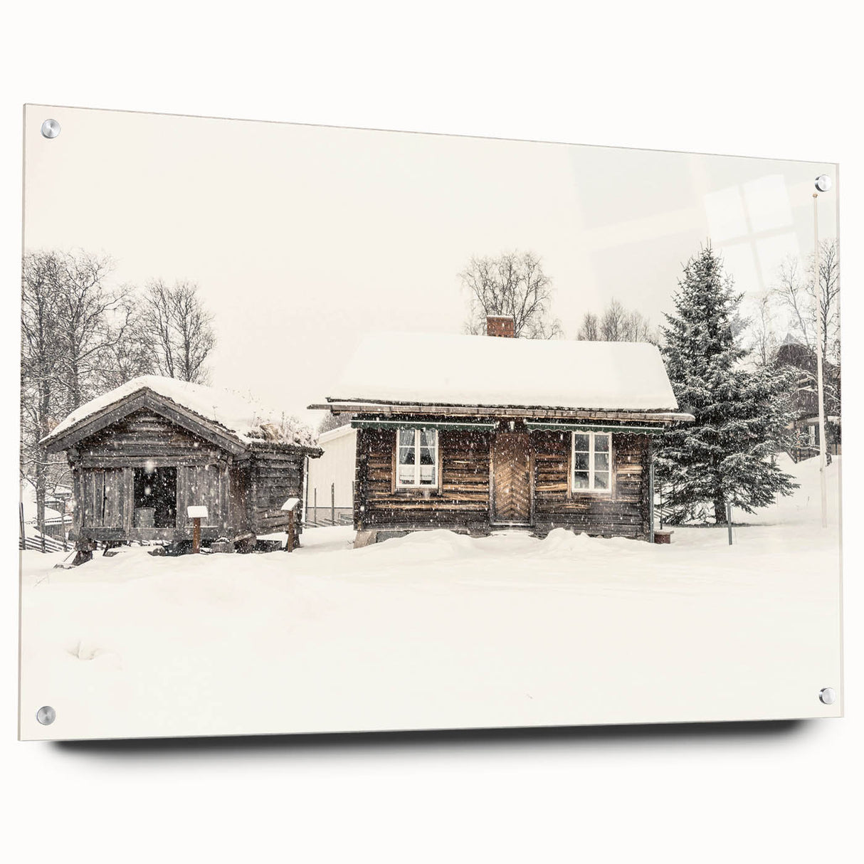 Large abstract wall art depicting a winter scene in muted blue and white tones on acrylic glass.