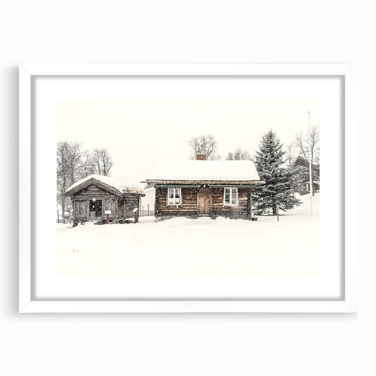 Textured art depicting a winter scene in abstract style, featuring muted blue and white tones on a framed white mat.