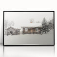 Large abstract wall art depicting winter scene in muted blue and white tones, framed in black acrylic.