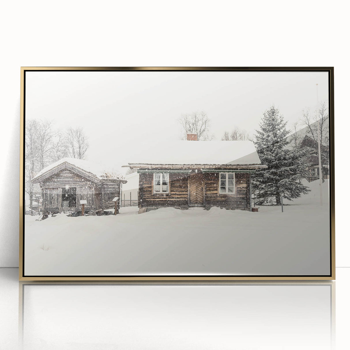 Framed acrylic print of a winter scene in mid-century modernist style with muted gold and white tones.