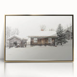 Framed acrylic print of a winter scene in mid-century modernist style with muted gold and white tones.