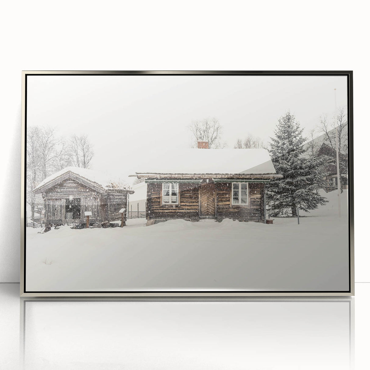 Mid-century modernist winter scene in muted blue and white hues, acrylic print framed in silver.