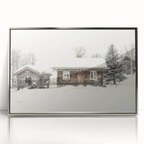 Mid-century modernist winter scene in muted blue and white hues, acrylic print framed in silver.
