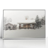 Art deco poster depicting a stylized winter scene in muted blue and white tones, framed acrylic, ideal for nursery wall art.
